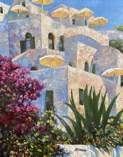 Santorini Umbrellas Original on Canvas signed by Howard Behrens