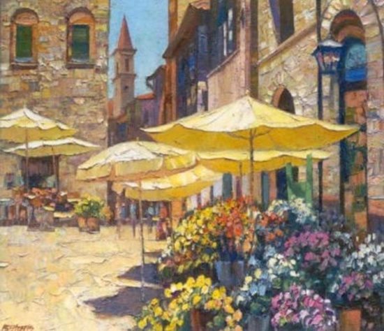 Siena Flower Market Texturized Giclee on Canvas signed by Howard Behrens
