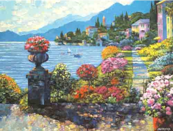 Varenna Morning Texturized Giclee on Canvas signed by Howard Behrens