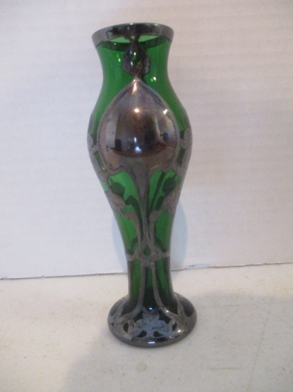 Vintage Sterling over Green Glass Vase