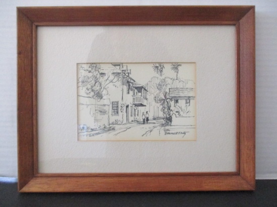 Signed Emmett Fritz Black & White Sketch of Strolling Couple