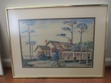 Initialed Vintage Original Watercolor of Waterfront Home