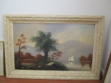 Framed Antique Oil on Canvas Sailboat Landscape Painting