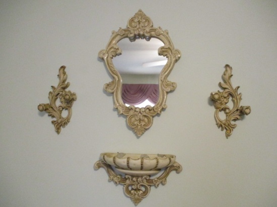 Four Piece Wall Decoration - Mirror, Candle Sconces, Planter Bowl