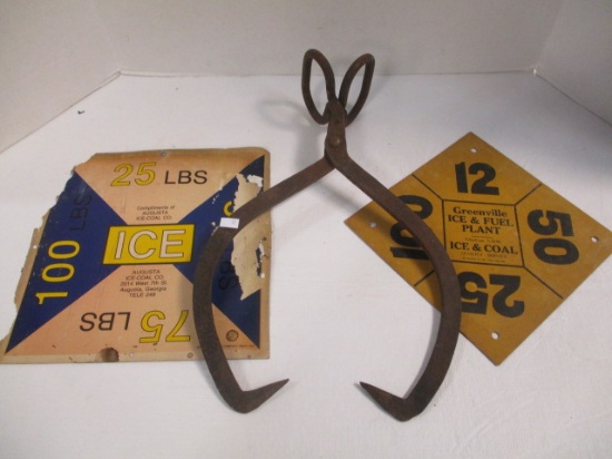 Ice Tongs and Two Cardboard Ice Signs