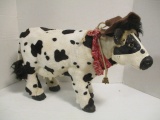 Black and White Wood Cow with Furry Covering