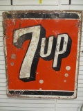 Metal 7Up Sign Mounted on Wood Frame