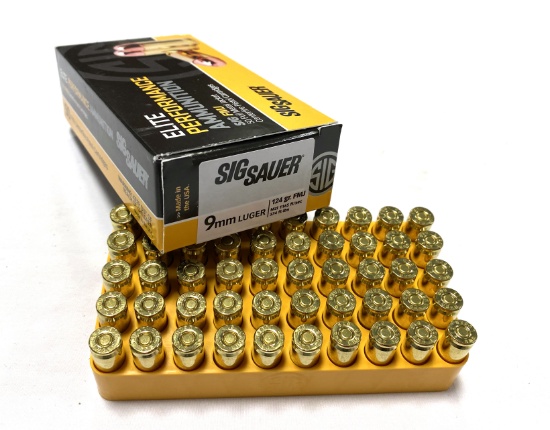 NIB 50rds. SIG SAUER 9mm Luger 124gr. FMJ Brass Ammunition