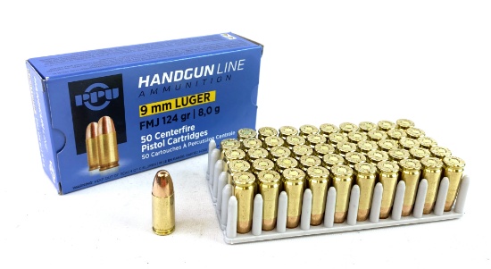 NIB 50rds. PPU 9mm Luger 124gr. FMJ Brass Ammunition