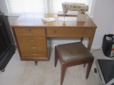 Singer 500 Sewing Machine in Mid Century Console Cabinet with Storage Bench