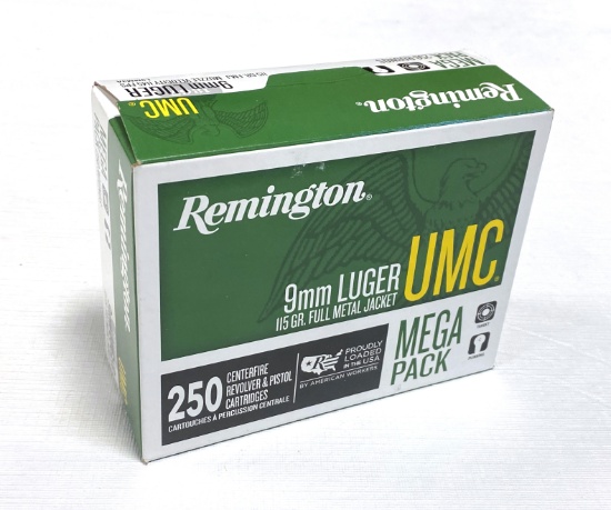 NIB 250rd. 9mm 115gr. FMJ Remington UMC Brass Ammunition