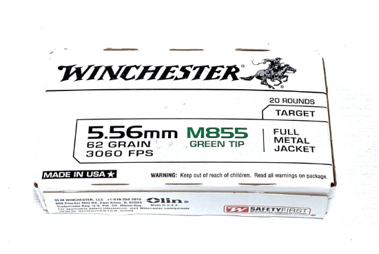 NIB 20rds. Winchester 5.56mm M855 Green Tip 62gr. FMJ Brass Ammunition