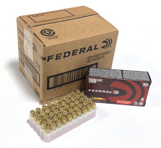 NIB Sealed 500rds. of Federal 9MM LUGER 124gr. FMJ Brass Ammunition