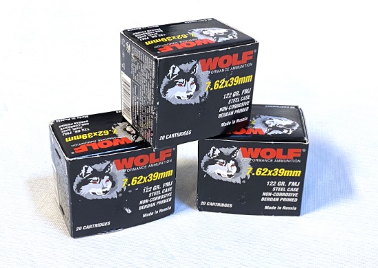 NIB 60rds. of WOLF 7.62x39mm 122gr. FMJ Steel Case Ammunition