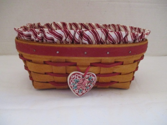 1995 Longaberger Basket with Heart Shaped Tie-On, Plastic and Cloth Liners