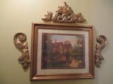 Ornate Gold Framed Landscape Print and Three Accent Scrolls