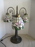 Metal Three Light Table Lamp with Stained Glass Shades