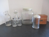 Vintage Glass Canisters and Shakers and Wood Recipe Box
