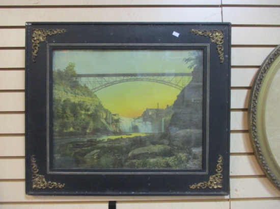 Antique Framed Print of Bridge and Waterfall