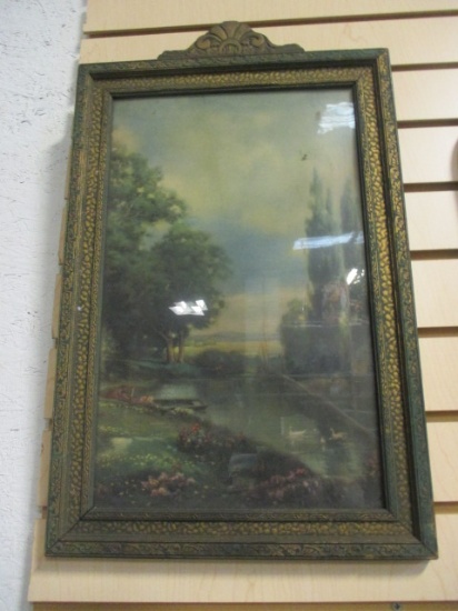 Antique Framed Print of Geese on a Lake