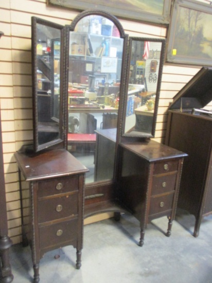 Antique Dressing Vanity with Trifold Mirror