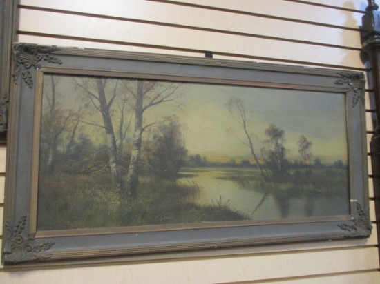 Antique Framed Painting on Canvas - Marsh Scene