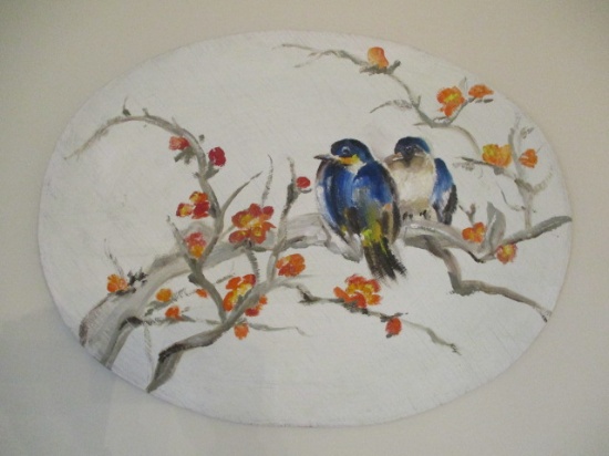 Original Blue Birds on Flowering Branch Painting on Board