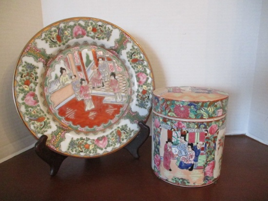 Oriental Scene Porcelain Lidded Jar and Plate on Stand
