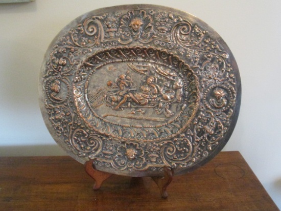 Vintage Relief Design Silver-Copper Oval Tray with Maiden and Cherub Motif