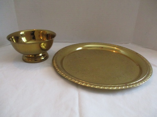 Brass Tray and Pedestal Foot Bowl
