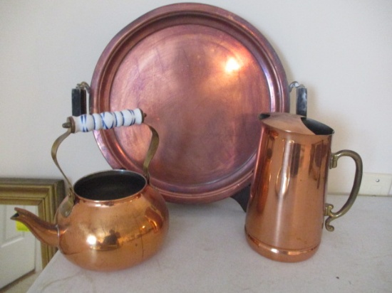 Round Copper Tray with Wood Handles on Stand, Copper Pitcher and Kettle