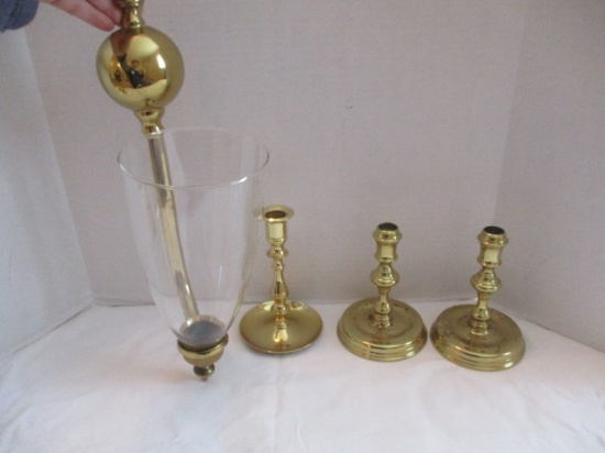 Three Brass Candle Stick Holders and Wall Sconce Candle Holder