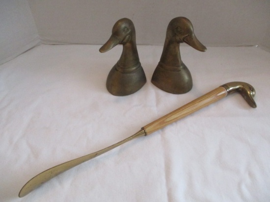 Pair of Brass Duck Head Bookends and Brass Duck Head Shoe Horn