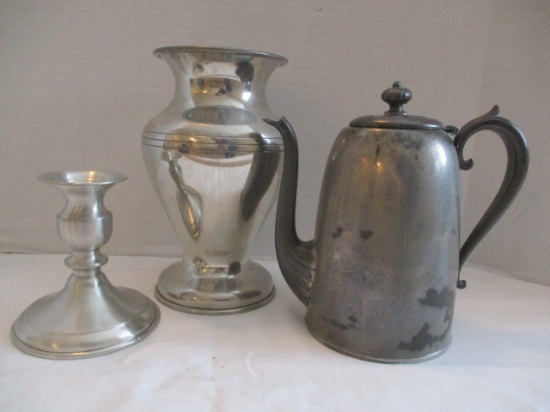 Stieff Pewter Urn Vase, Leonard Candle Holder and Ray Silver Co. Coffee Pot