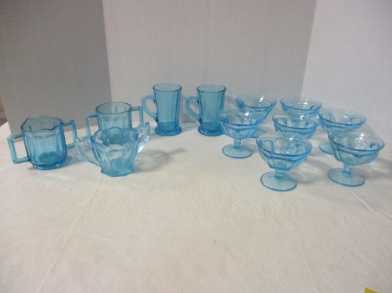 Blue Glass Creamer, Sugar Bowls. Mugs, and Sherbets