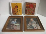 Vintage Boy and Girl Framed Prints on Board and Two Anne Geddes Framed Jigsaw Puzzles