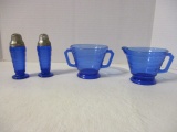 Hazel Atlas Moderntone Cobalt Blue Creamer, Sugar Bowl, and Salt/Pepper Shakers