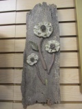 Wood Tree Slab with Applied Pottery Flowers