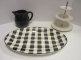 Black Pottery Pitcher, Three Tiered Ceramic Tray, and Robert Stanley Farmhouse Christmas Platter