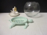 Cast Iron Turtle Soap Dish, Owl Ring Holder, Libbey Glass Fish Bowl