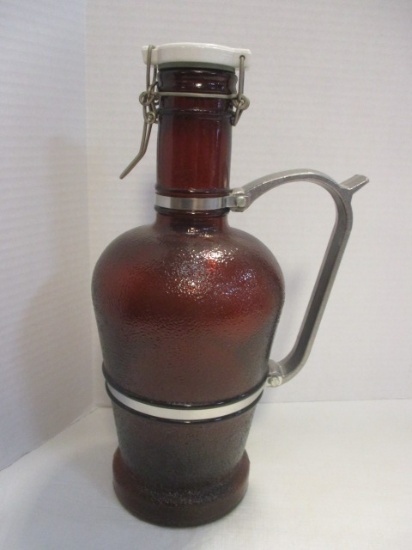 Brown Glass Decanter With Attached Metal Handle And