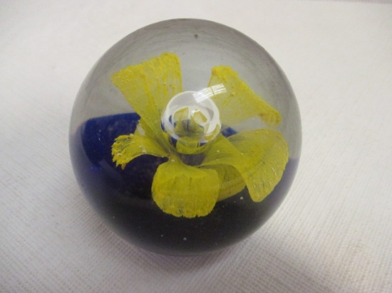 Incased Floral Paperweight With Intentional Bubble