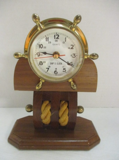 Brass And Wood Ship's Desk Clock