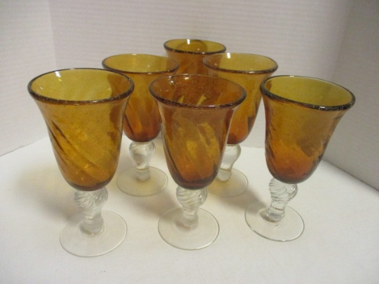 Set Of 6 Amber Hand-Blown Glasses With Clear Stems