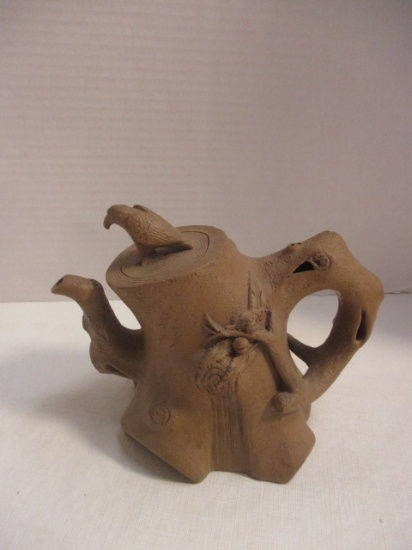 Pottery Tree Trunk Teapot With Sculpted Bird Finial