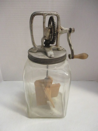 Hazel-Atlas Glass Butter Churn With Wooden Paddles