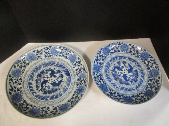 Two Blue/White Chinese Plates with Koi Motifs