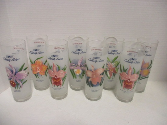 Eight Carnival Cruises Frosted Recipe Cocktail Glasses with Orchids