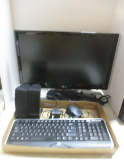 LG 23" Flat Screen Monitor, HP Keyboard, Staples Mouse and Insignia Speakers