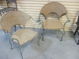 Three Heavy Wrought Metal Stacking Chairs with Woven Seat/Backs